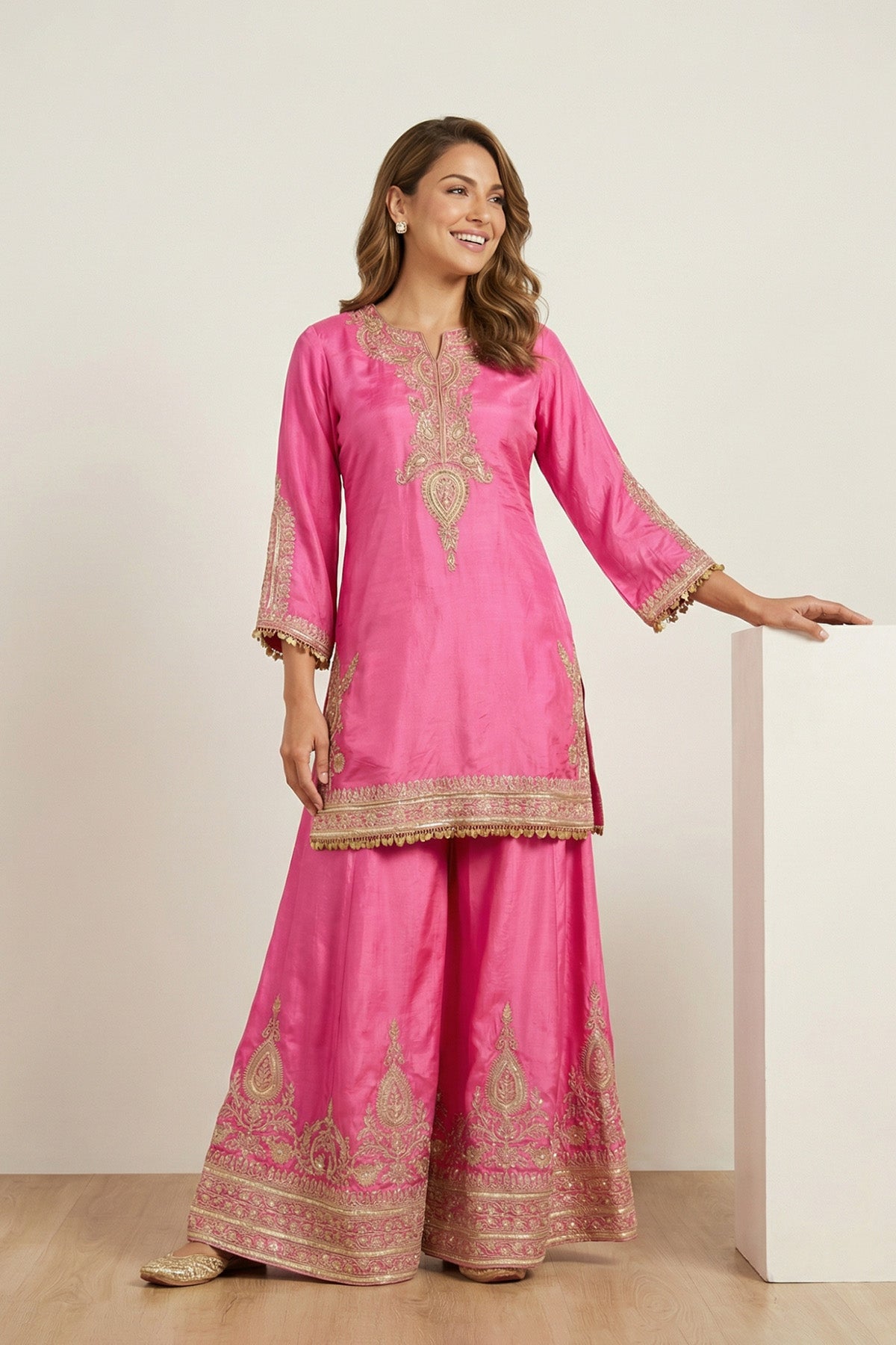 Pink Sheen Kurti Plazo Set