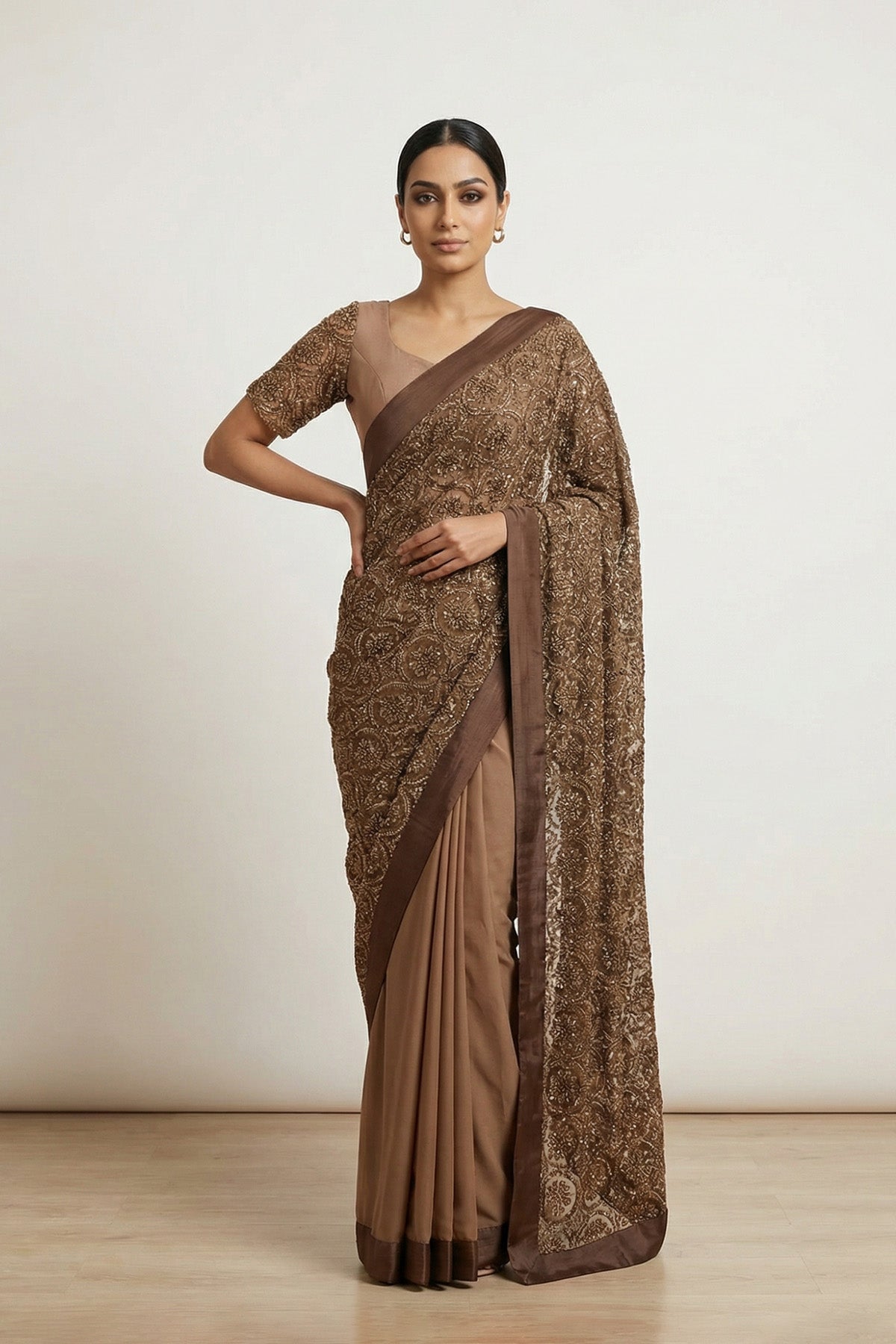 Brown Geo Beads Saree