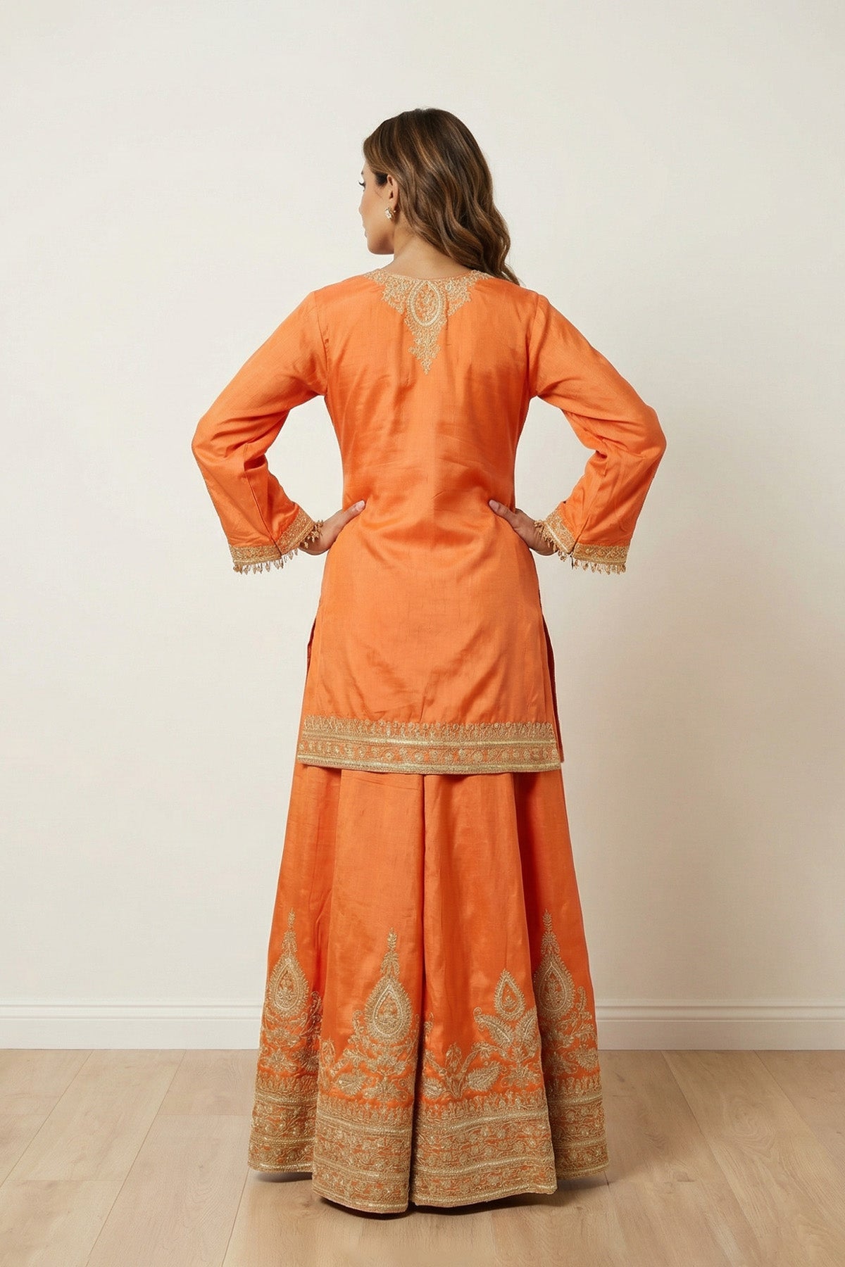 Orange Sheen Kurti Plazo Set