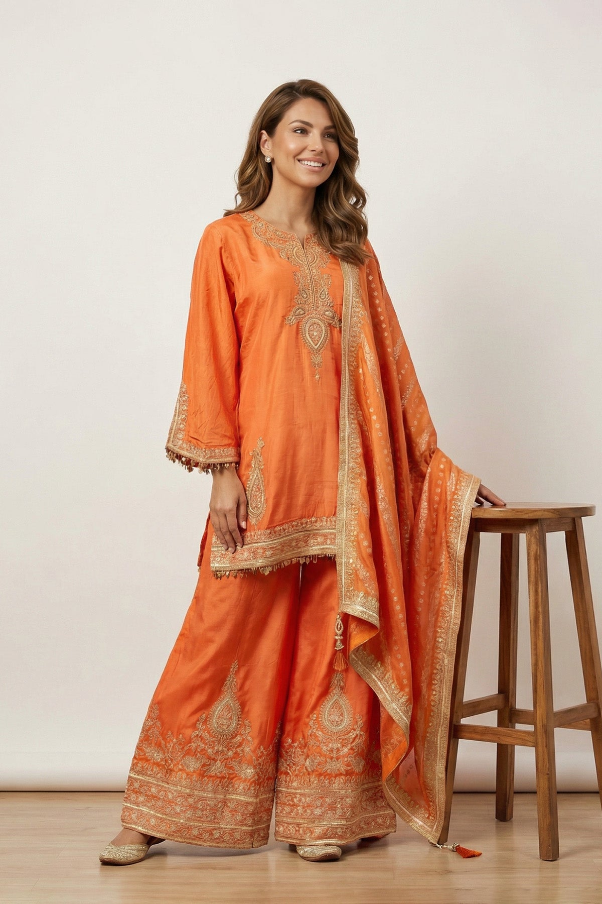 Orange Sheen Kurti Plazo Set