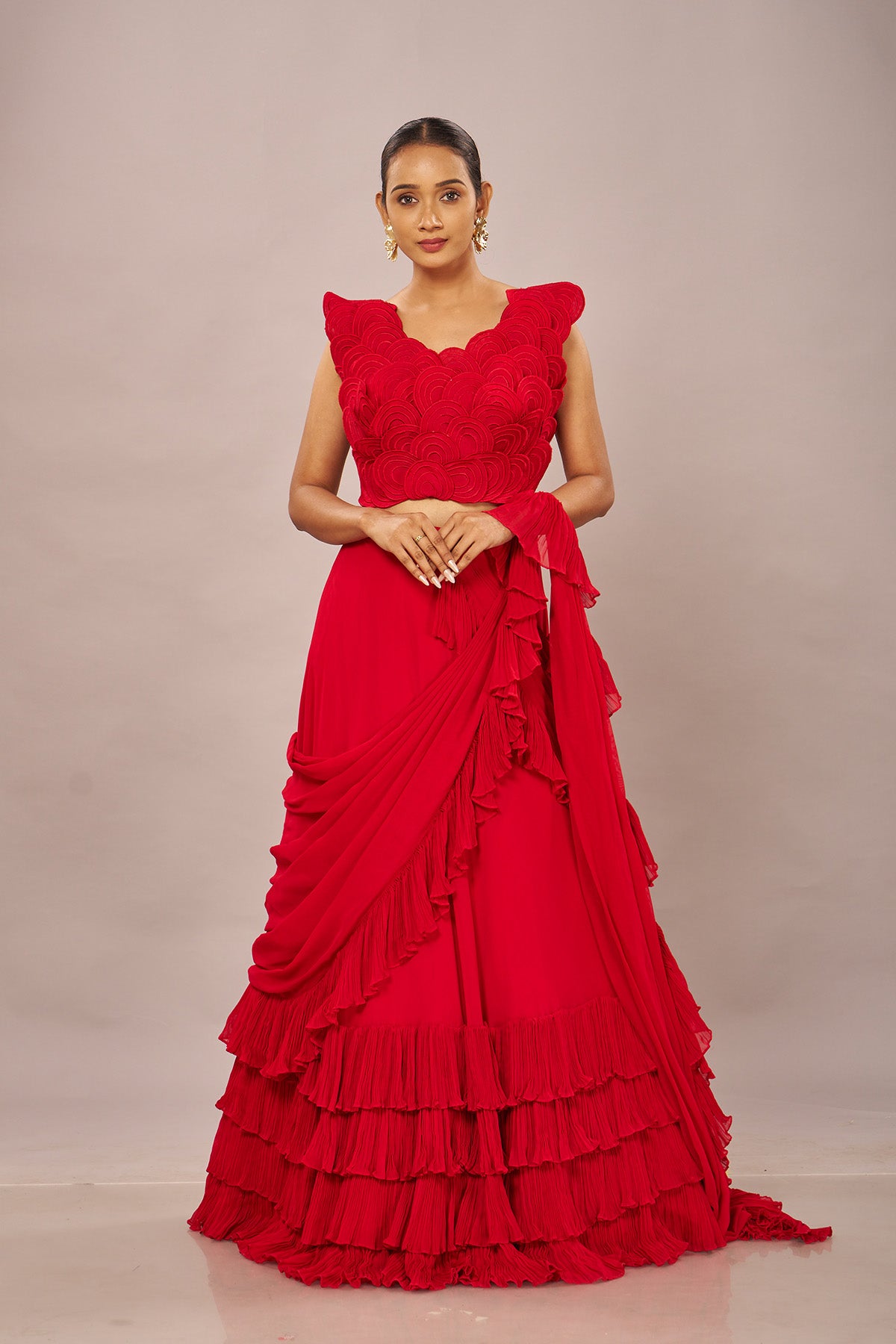 Red Rouching Drape Stiched Saree