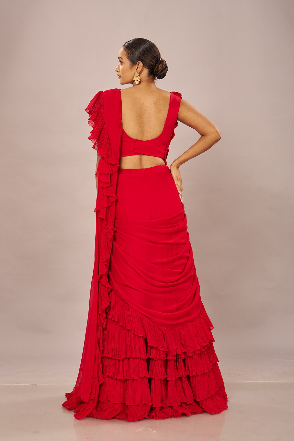 Red Rouching Drape Stiched Saree