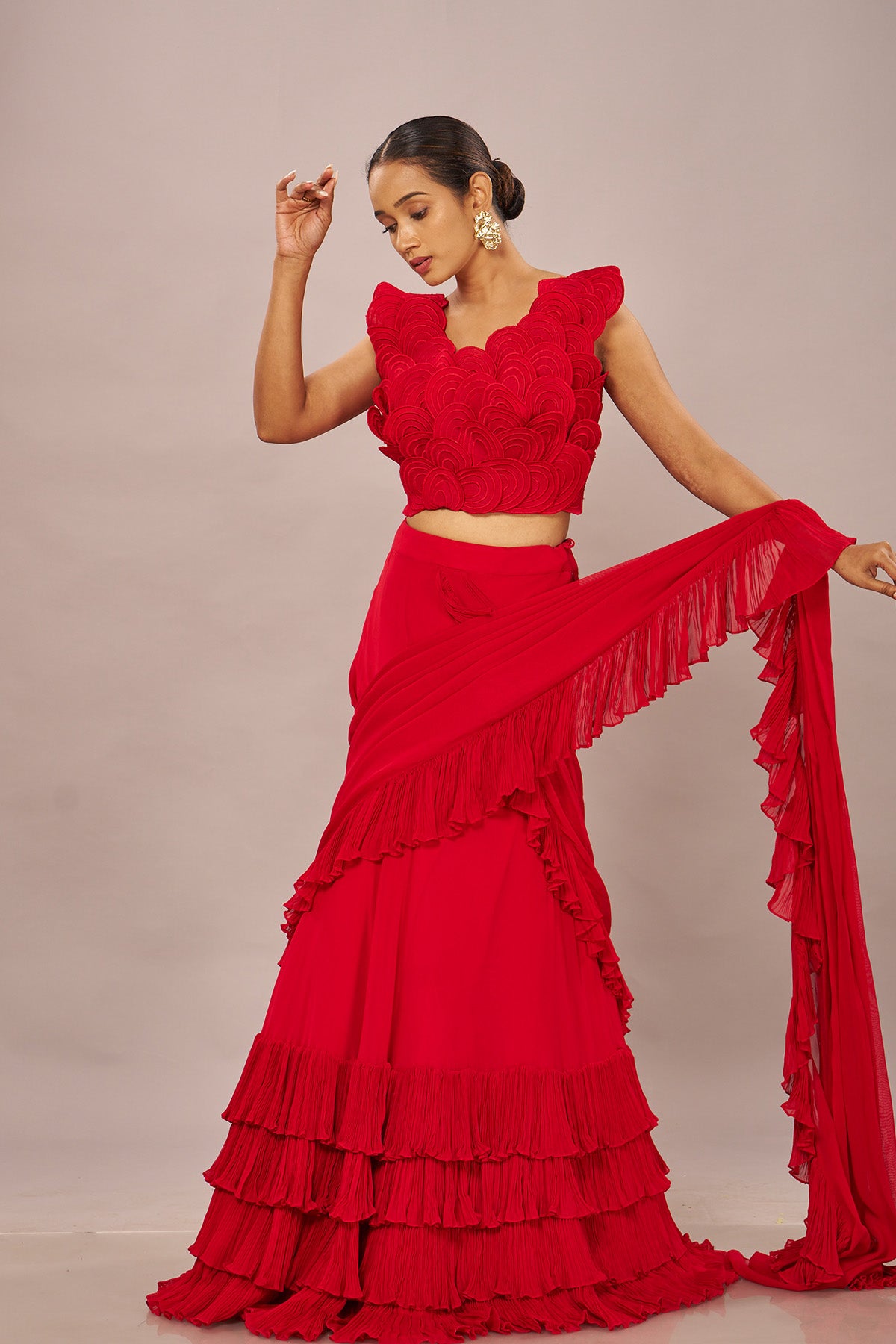 Red Rouching Drape Stiched Saree