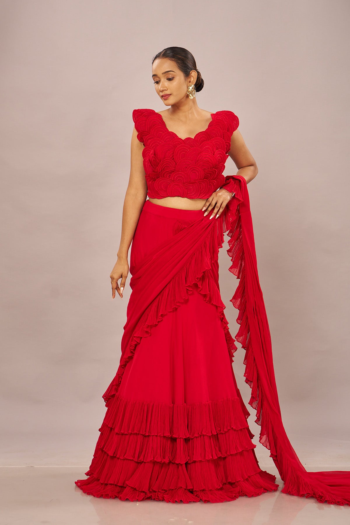 Red Rouching Drape Stiched Saree