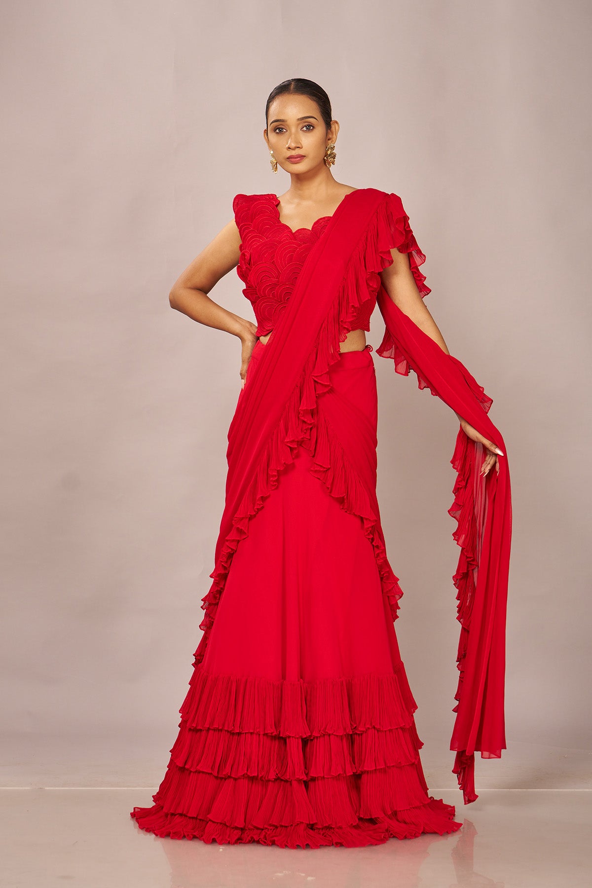 Red Rouching Drape Stiched Saree