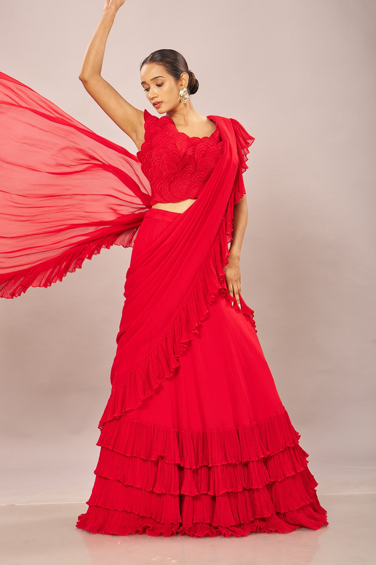Red Rouching Drape Stiched Saree