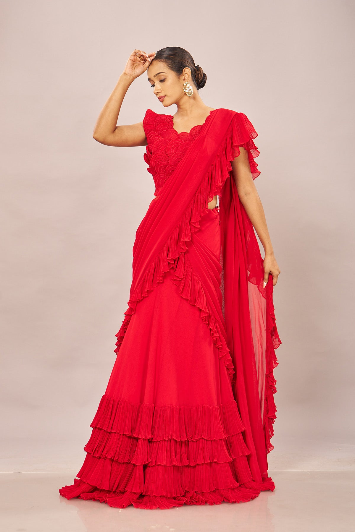Red Rouching Drape Stiched Saree