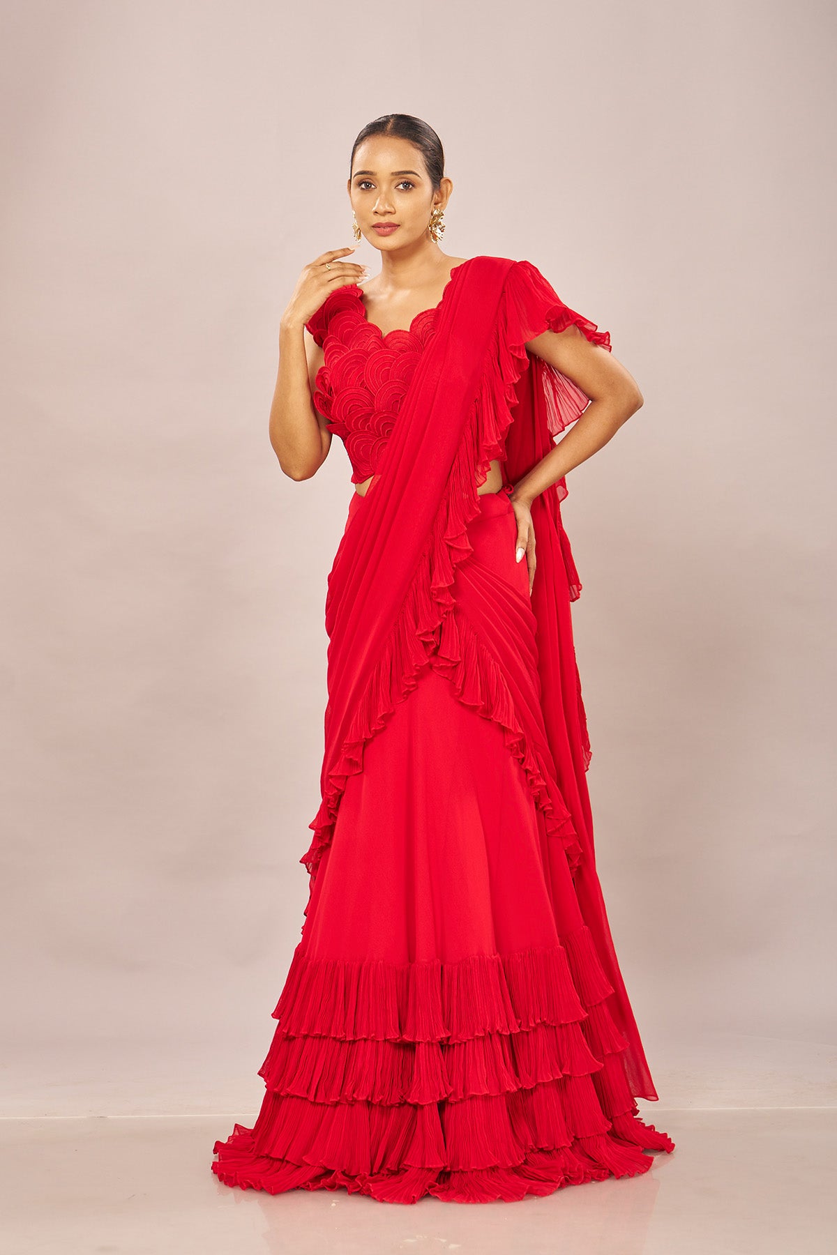 Red Rouching Drape Stiched Saree