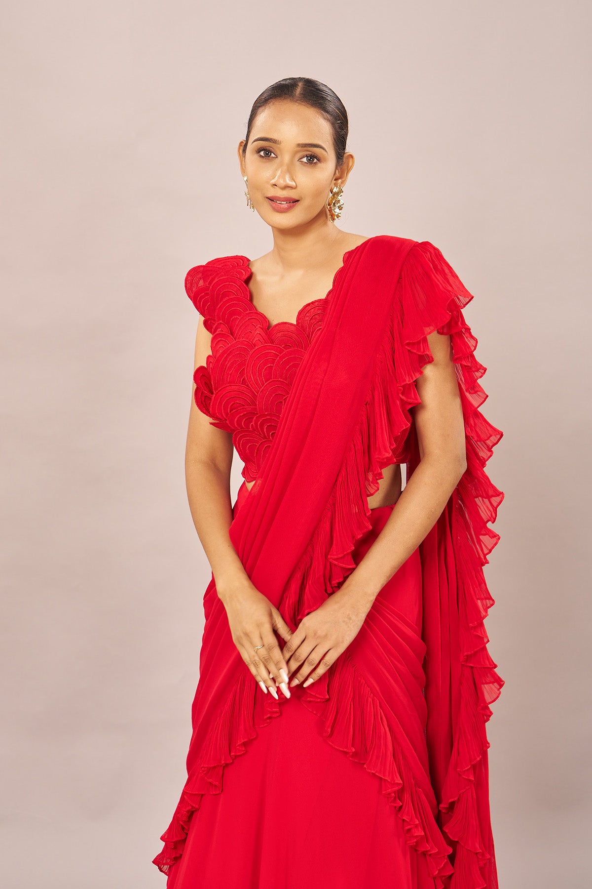 Red Rouching Drape Stiched Saree