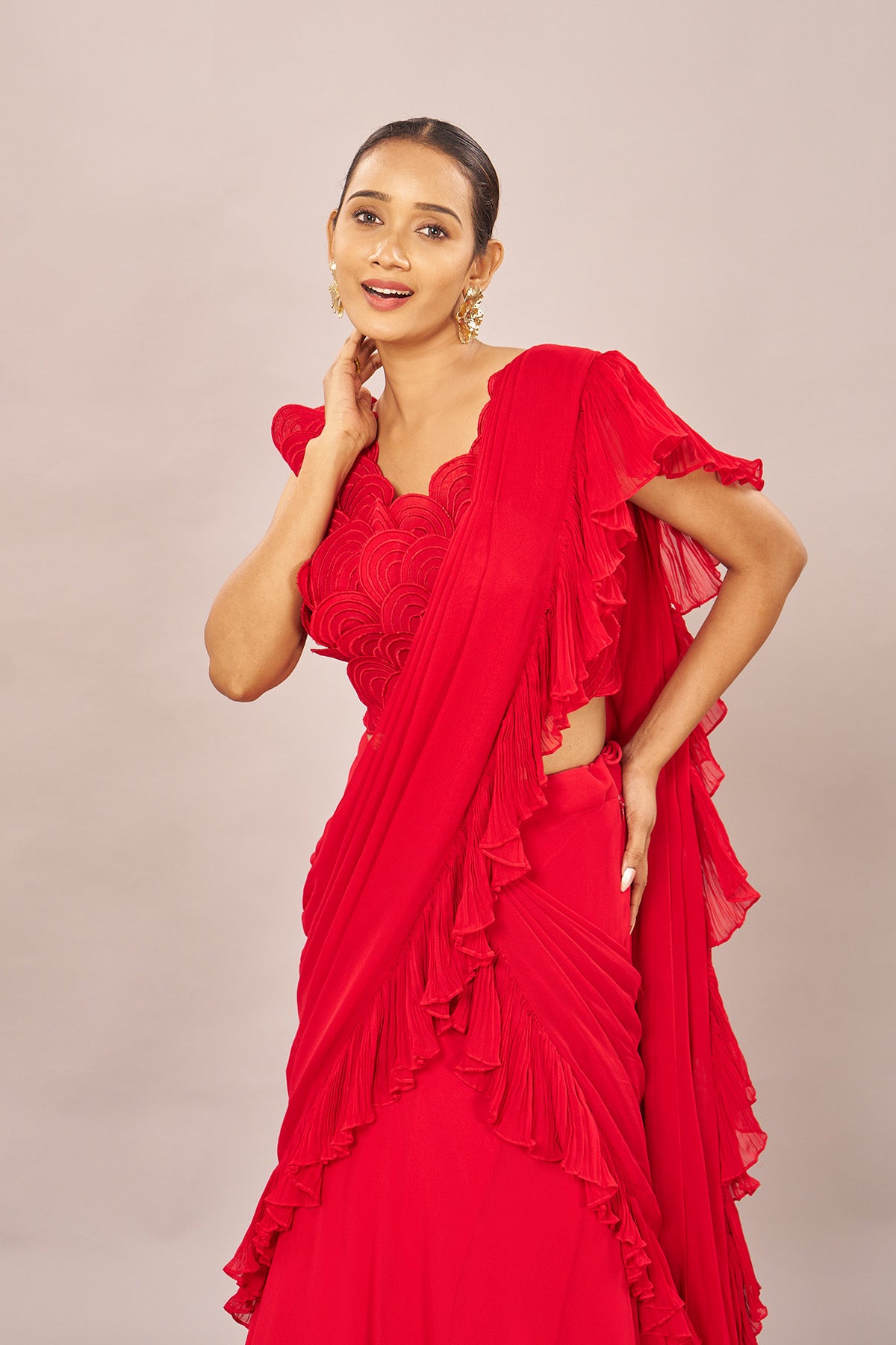 Red Rouching Drape Stiched Saree