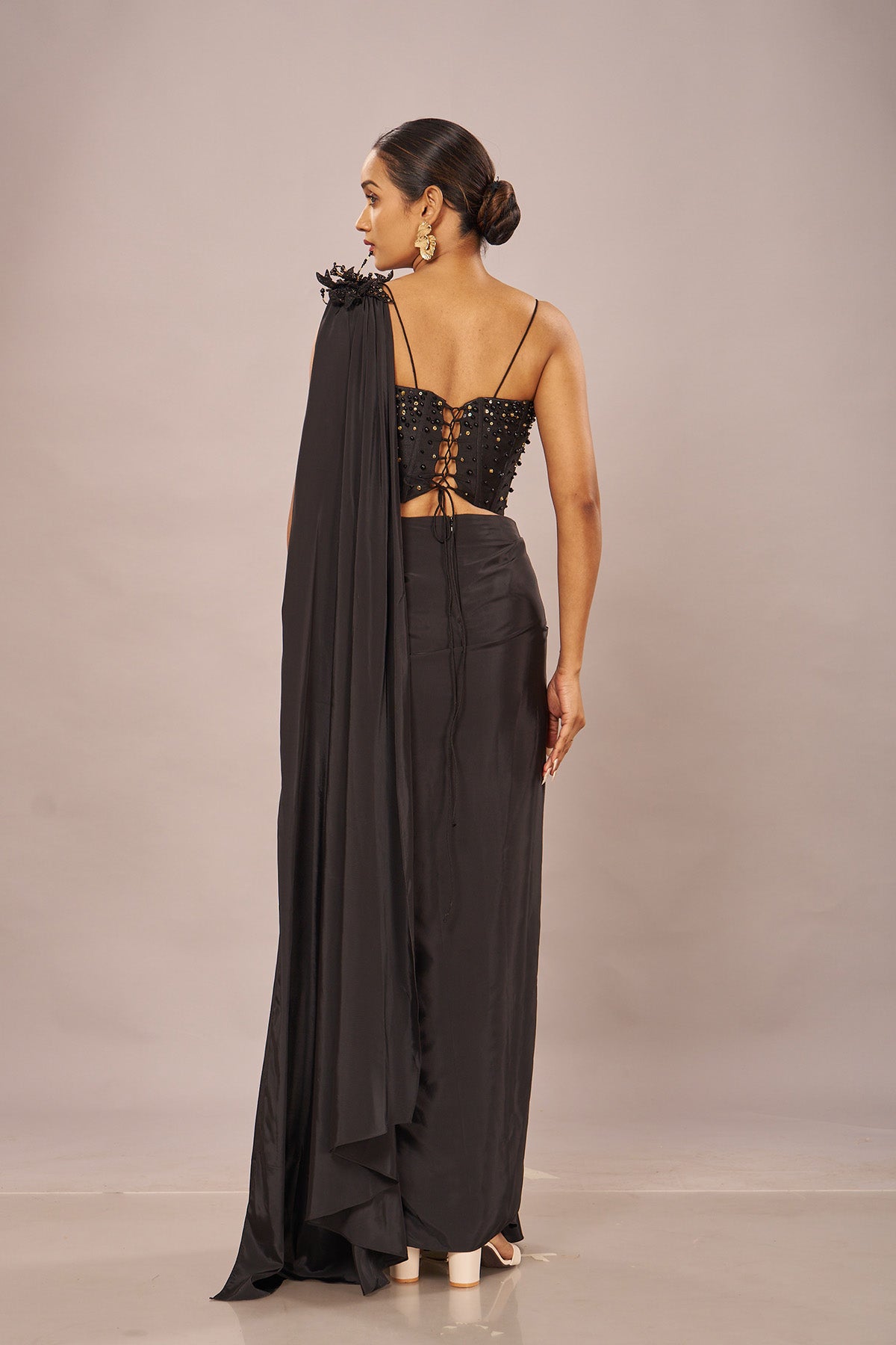 Black Solid Beaded Stiched Saree