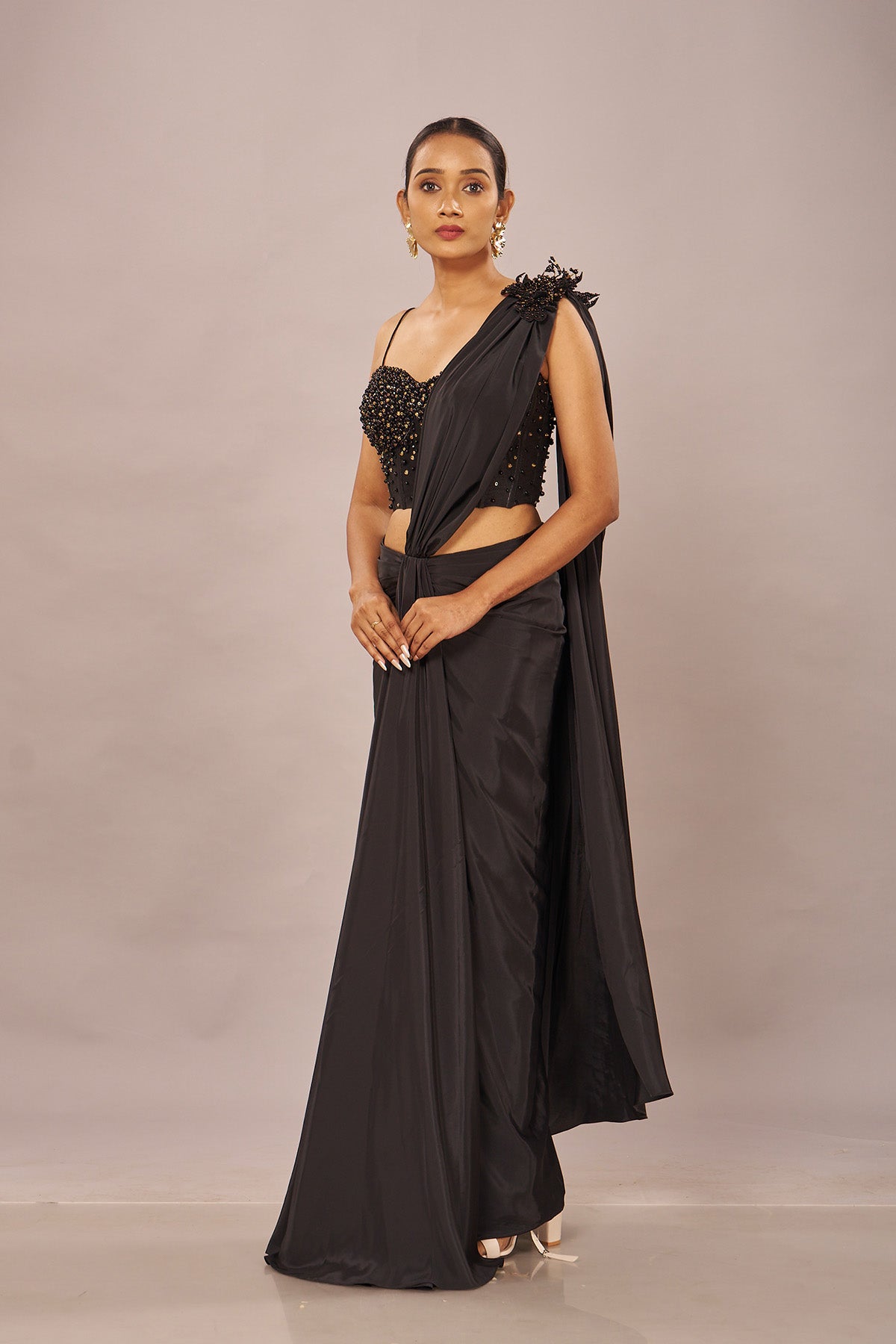 Black Solid Beaded Stiched Saree