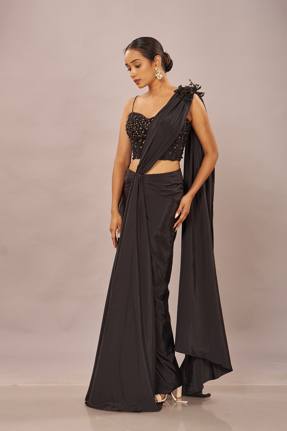 Black Solid Beaded Stiched Saree