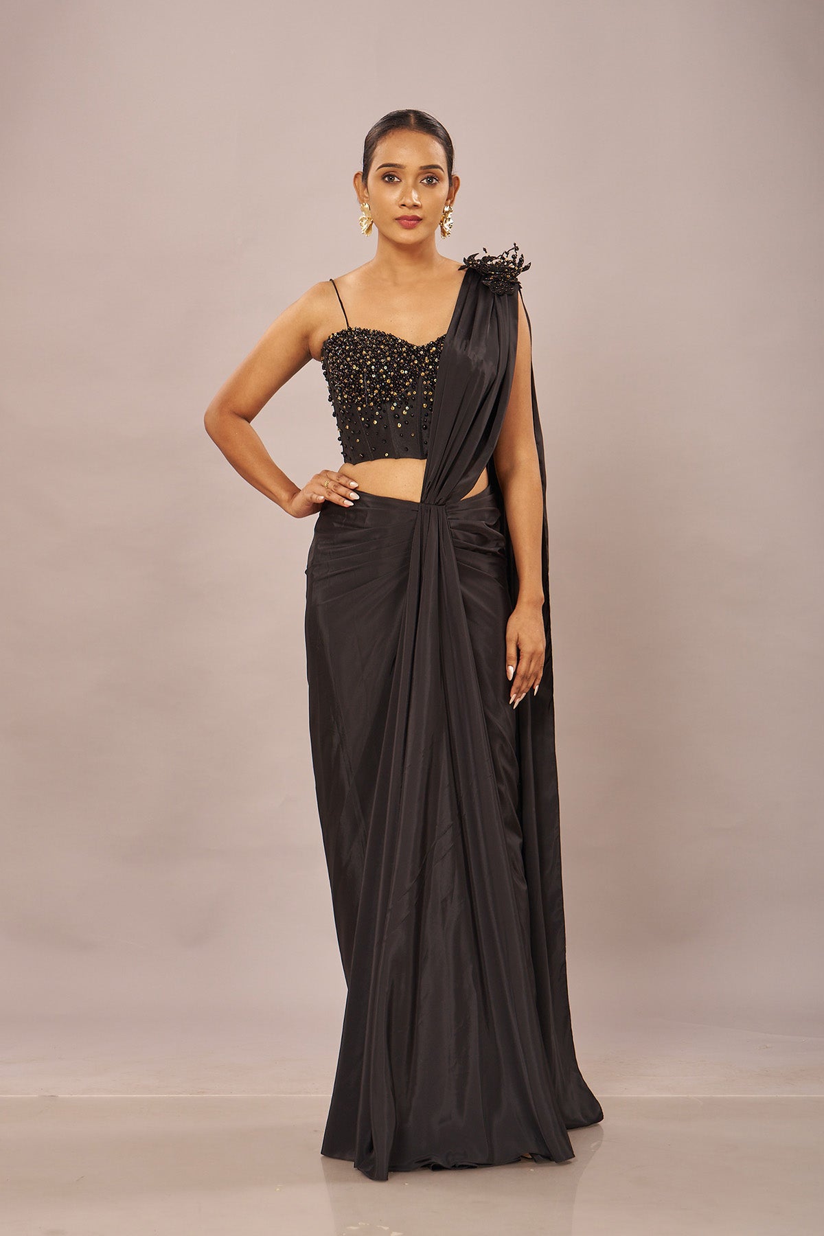 Black Solid Beaded Stiched Saree