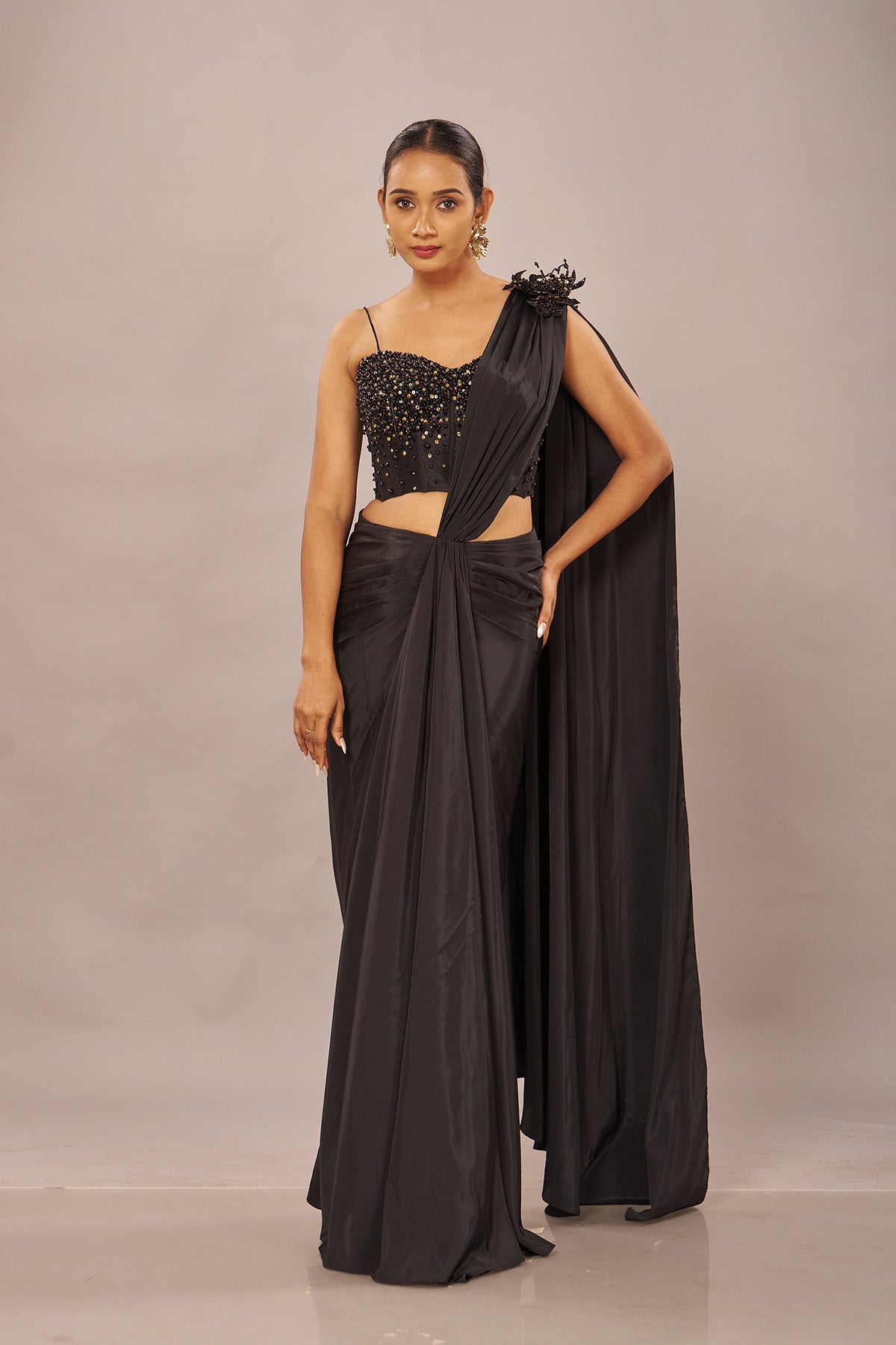 Black Solid Beaded Stiched Saree