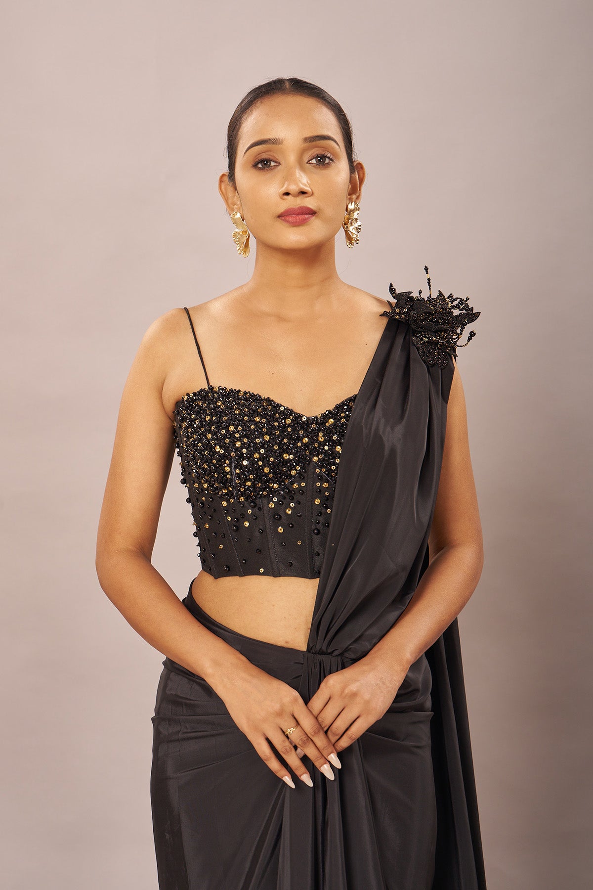 Black Solid Beaded Stiched Saree