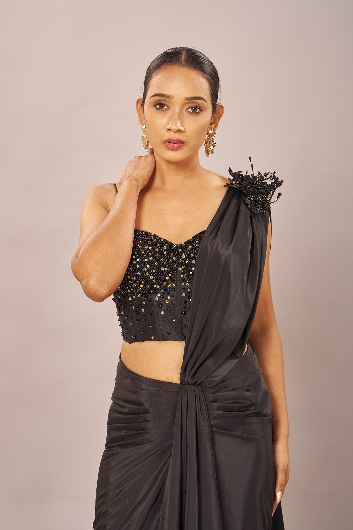 Black Solid Beaded Stiched Saree