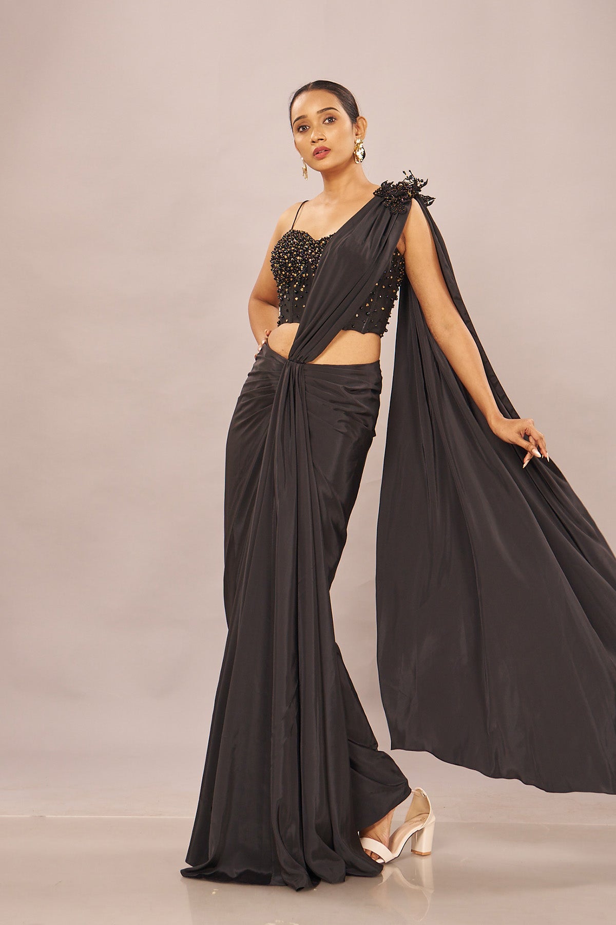 Black Solid Beaded Stiched Saree