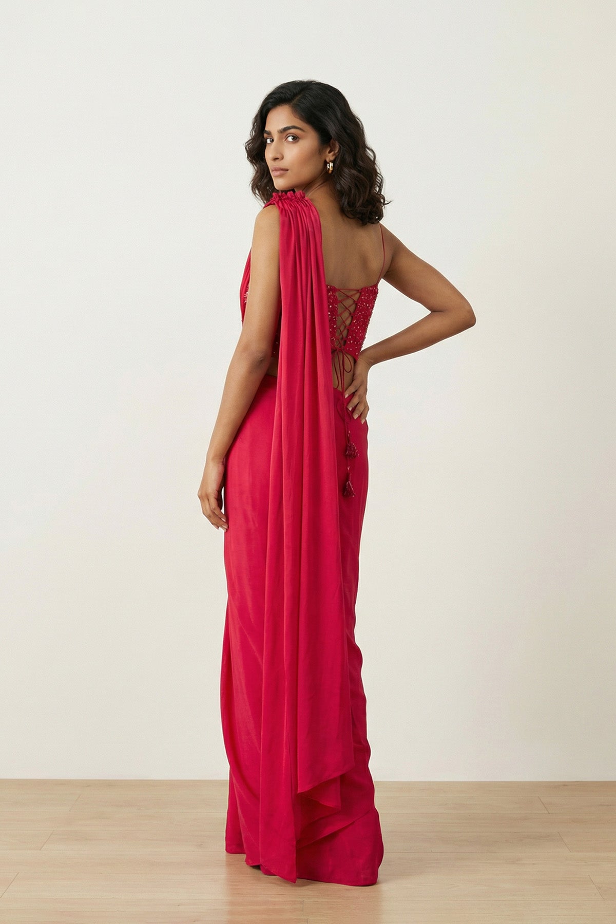 Red Solid Beaded Stiched Saree
