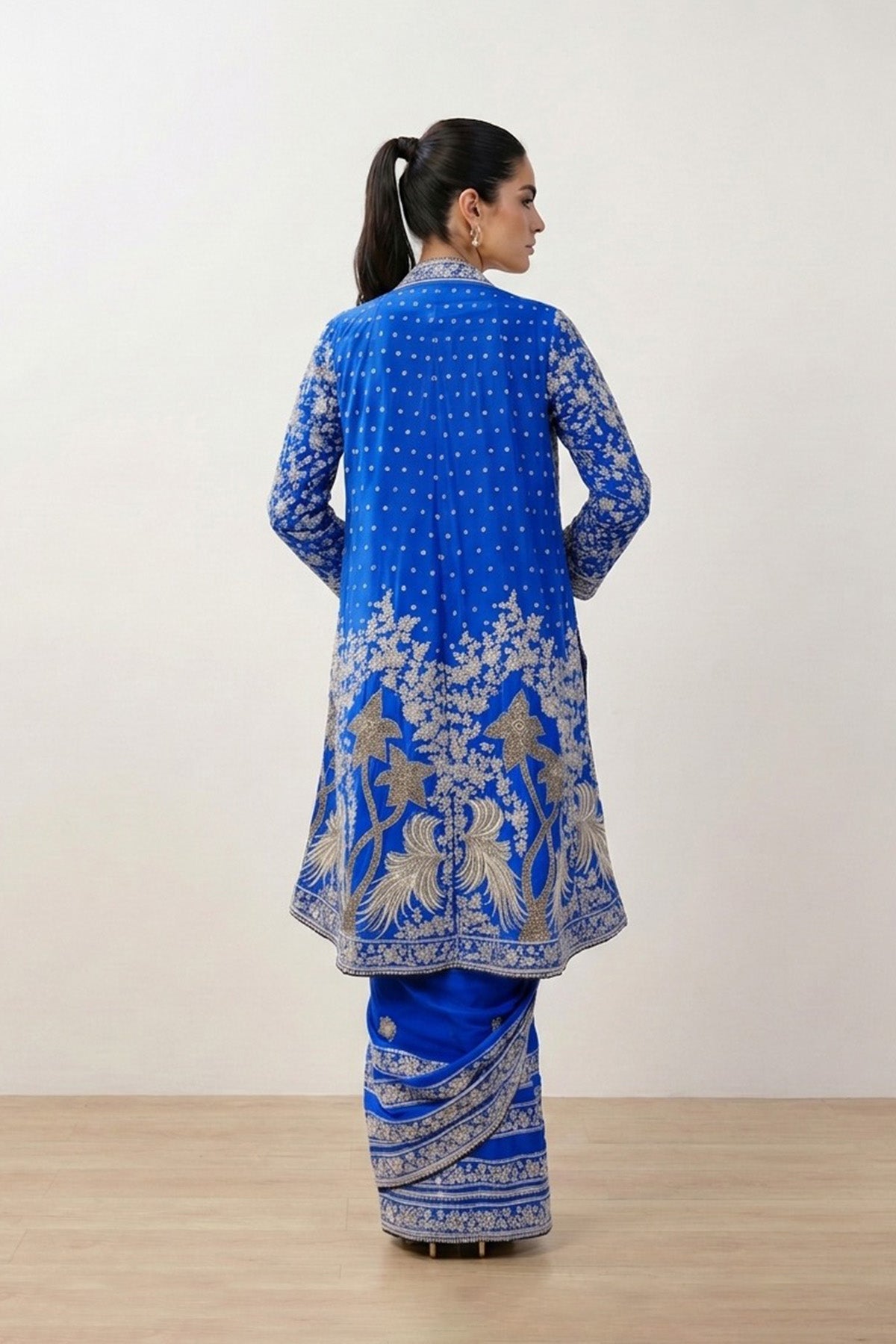 Blue Tree Saree With Open Coat