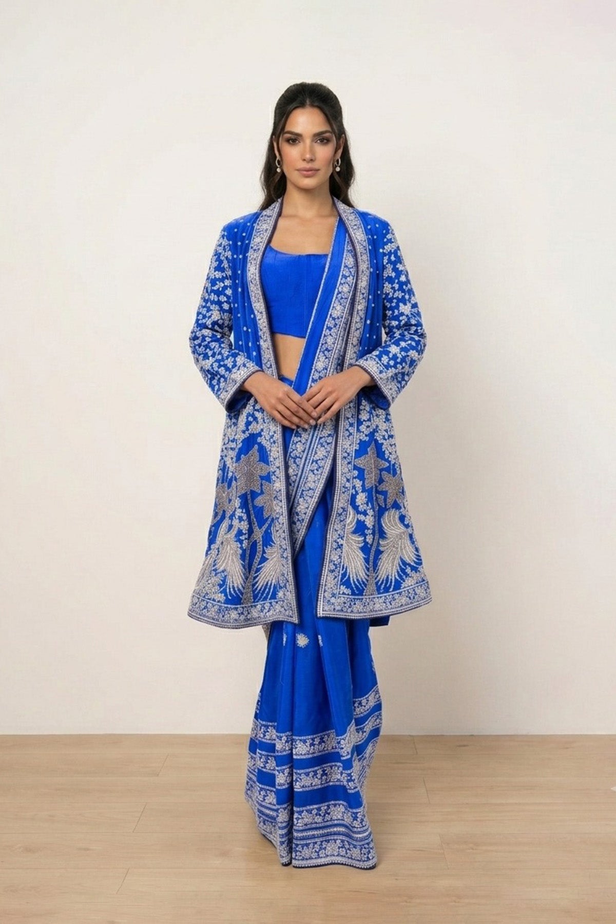 Blue Tree Saree With Open Coat