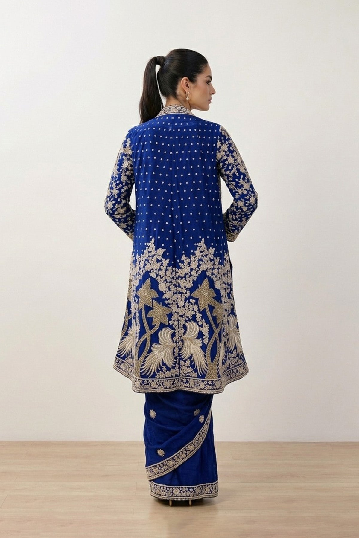 Navy Blue Tree Saree With Open Coat