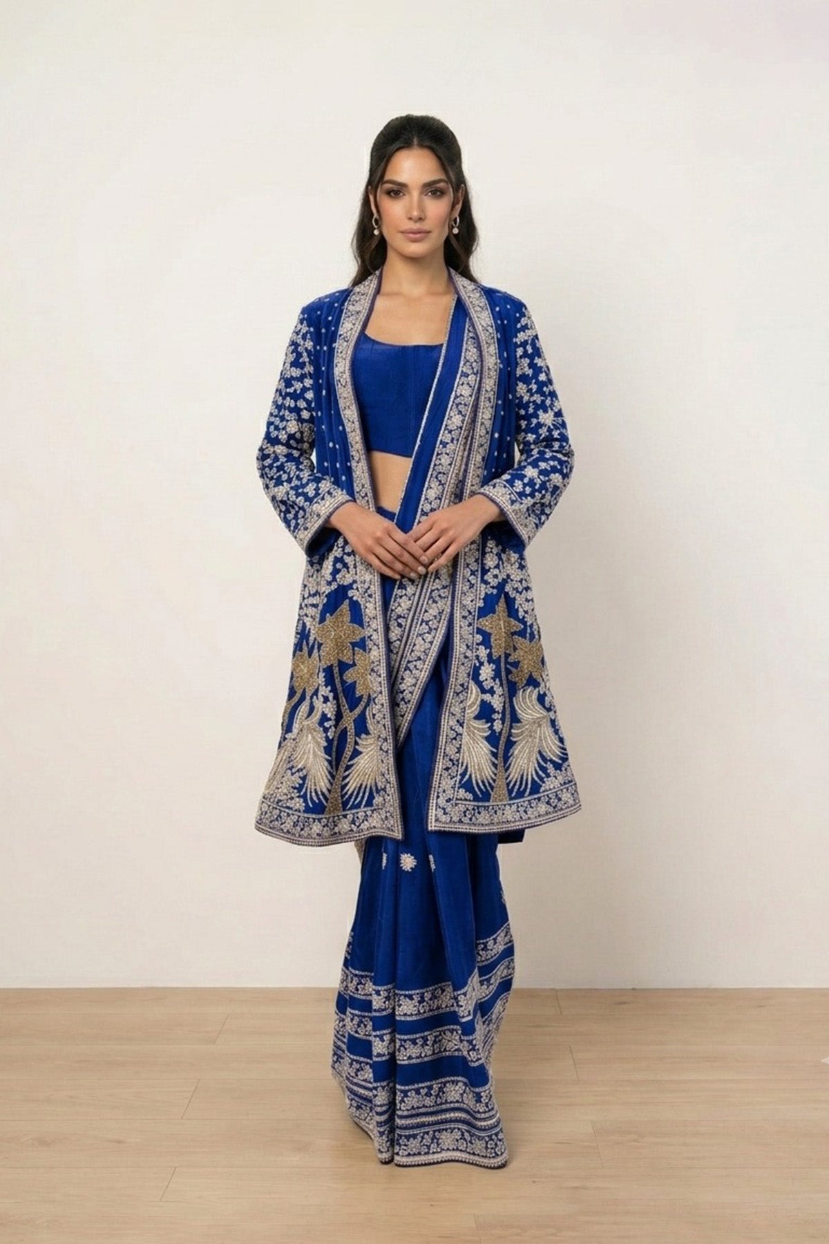 Navy Blue Tree Saree With Open Coat