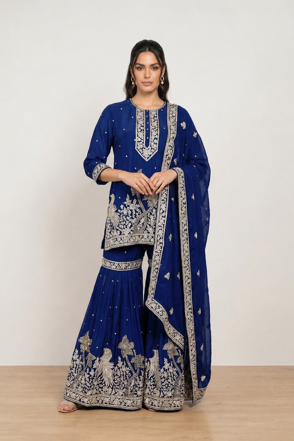 Navy Blue Tree Kurti Gharara Set