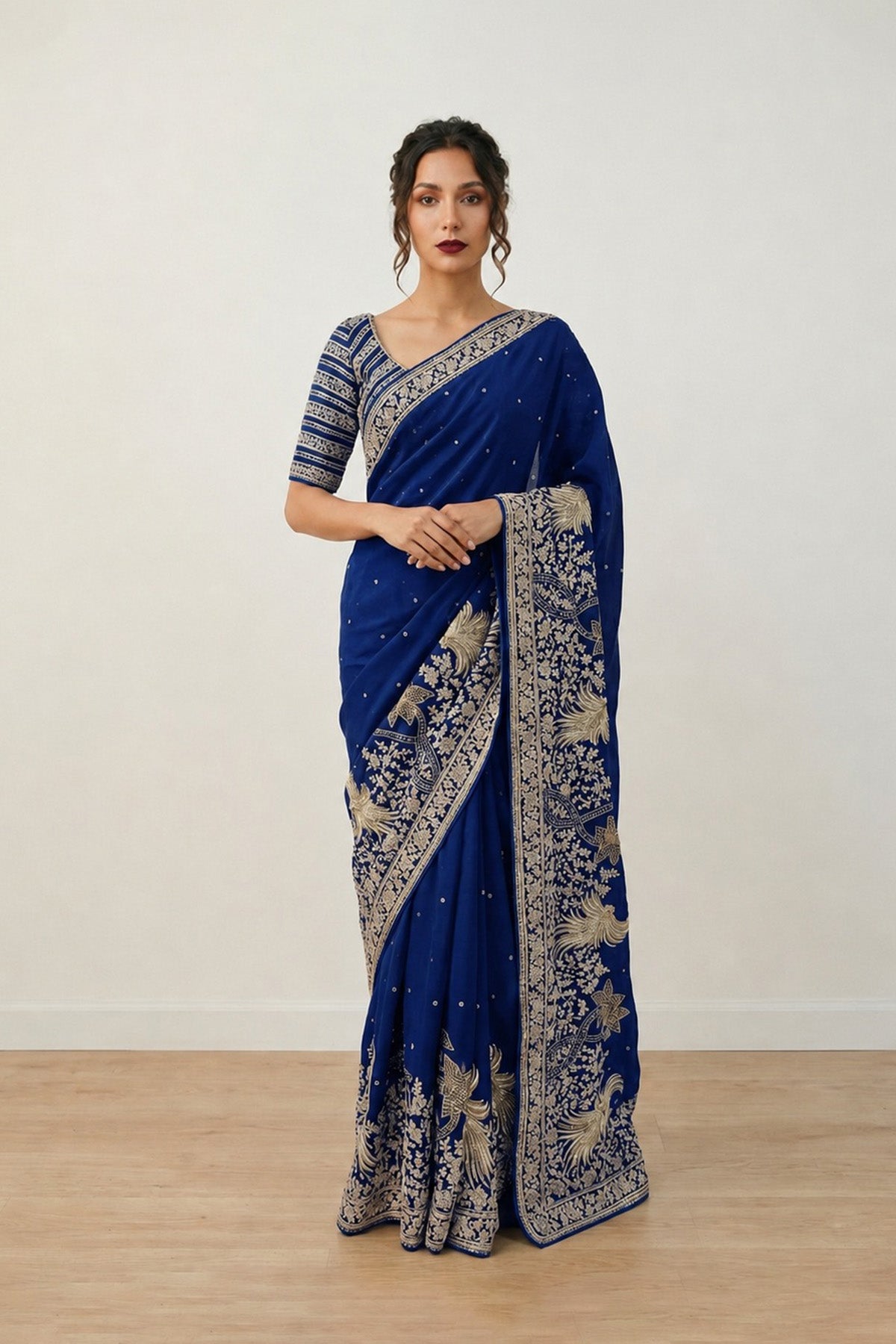 Navy Blue Tree Saree