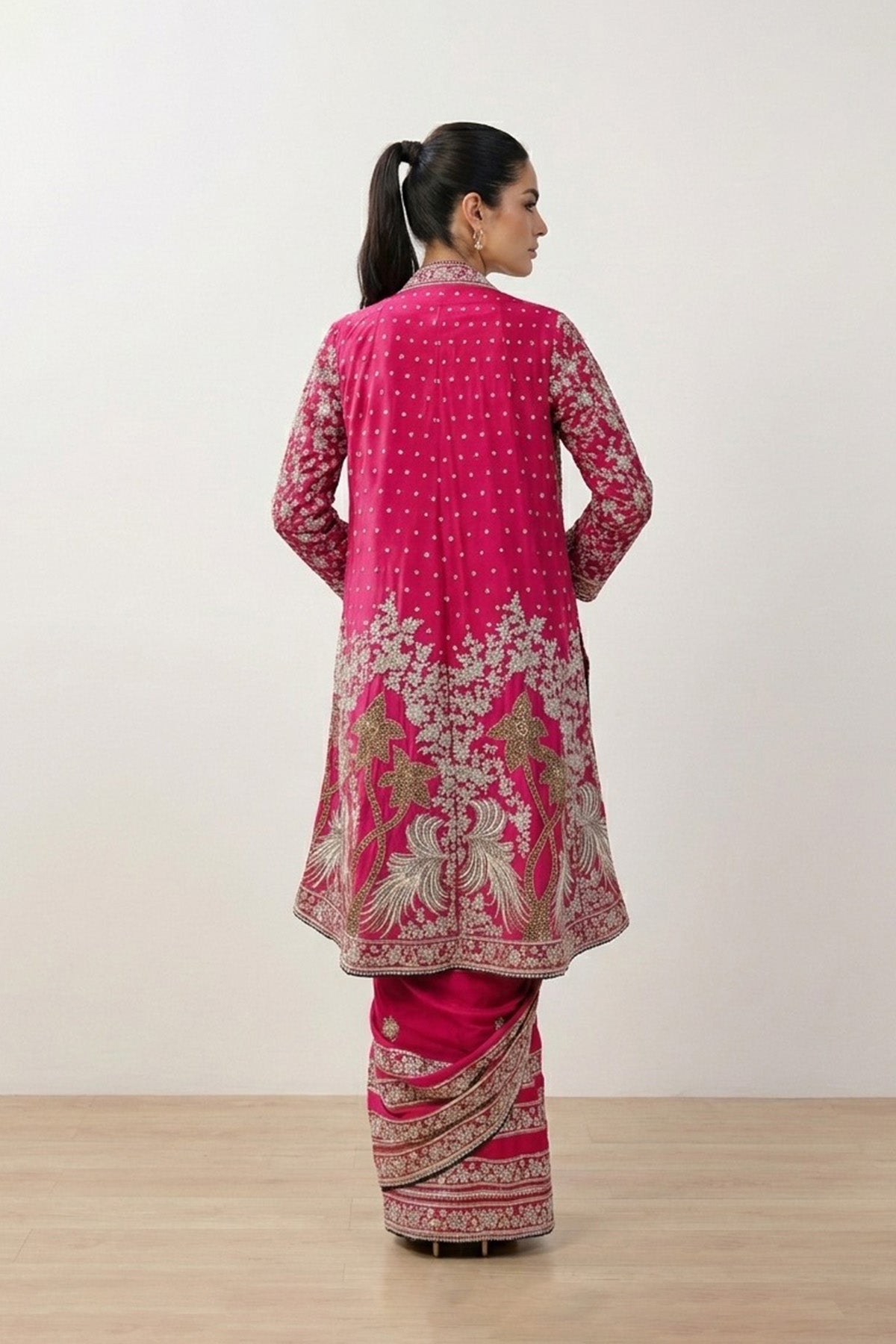 Pink Tree Saree With Open Coat