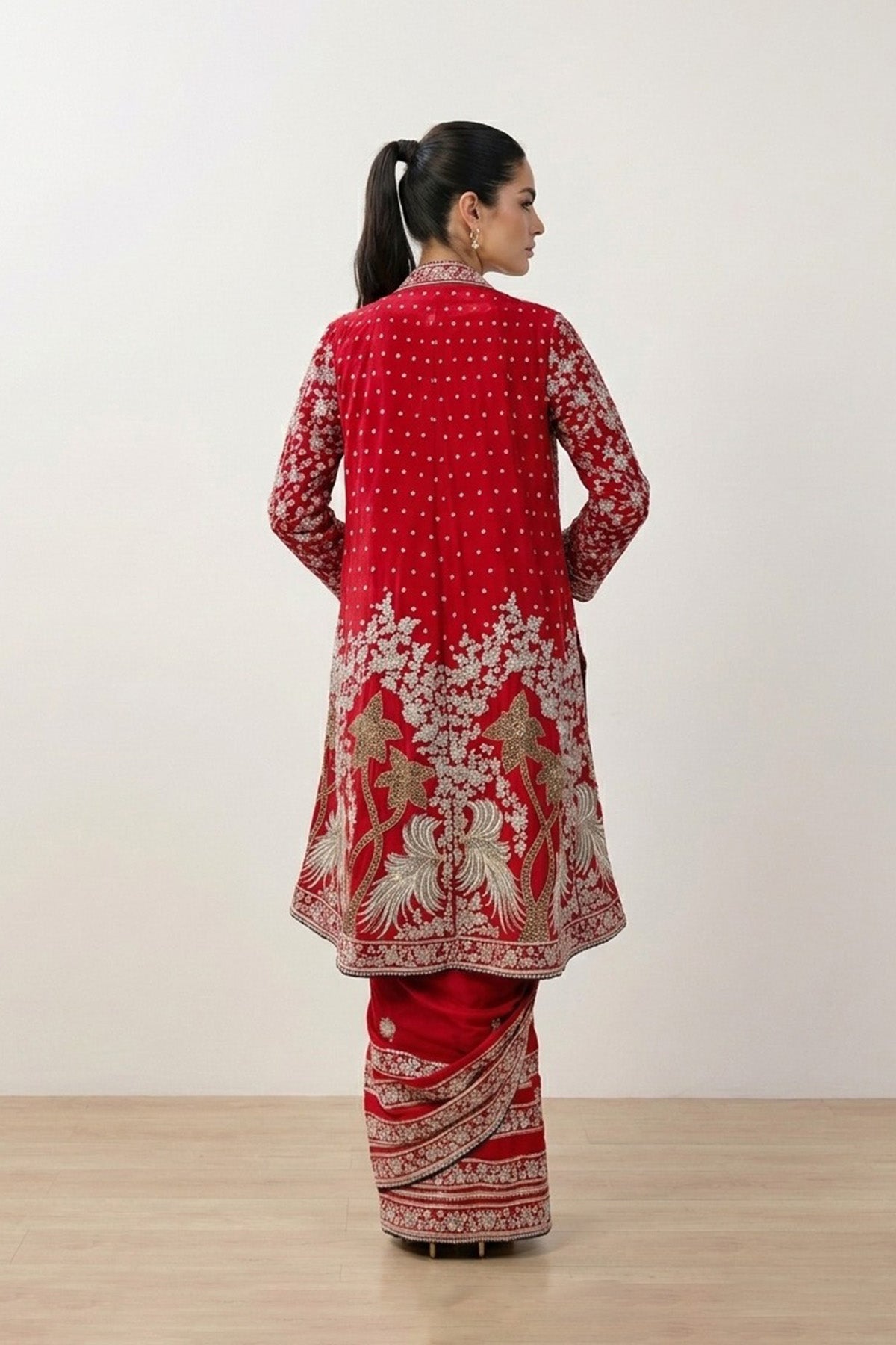 Red Tree Saree With Open Coat