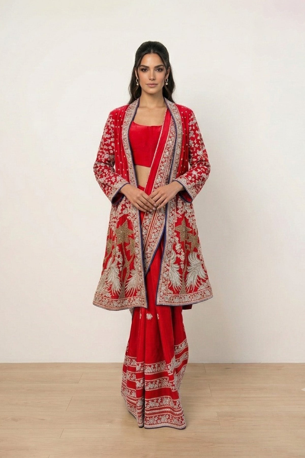 Red Tree Saree With Open Coat