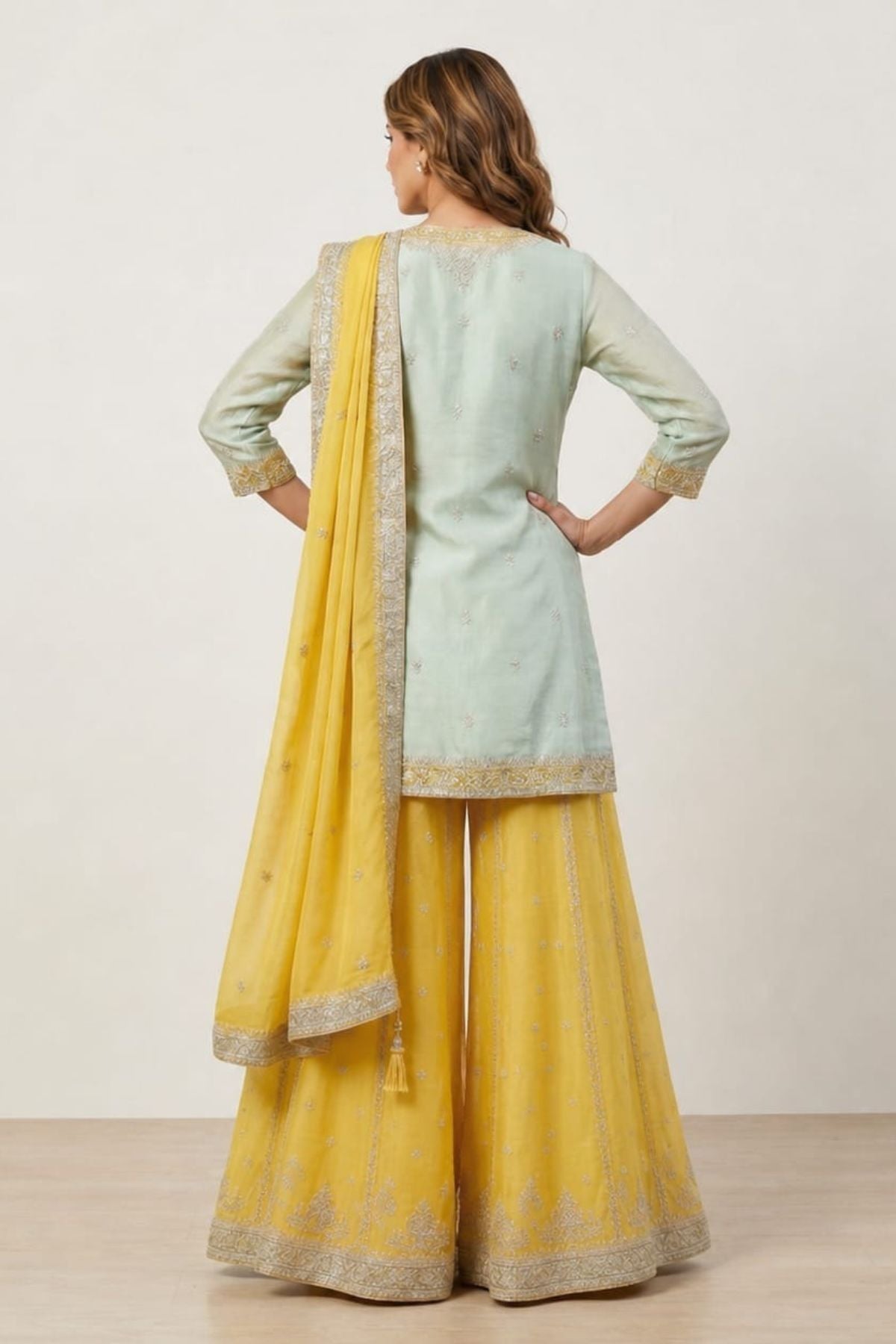 Green & Yellow Sheen Kurti Plaazo Set
