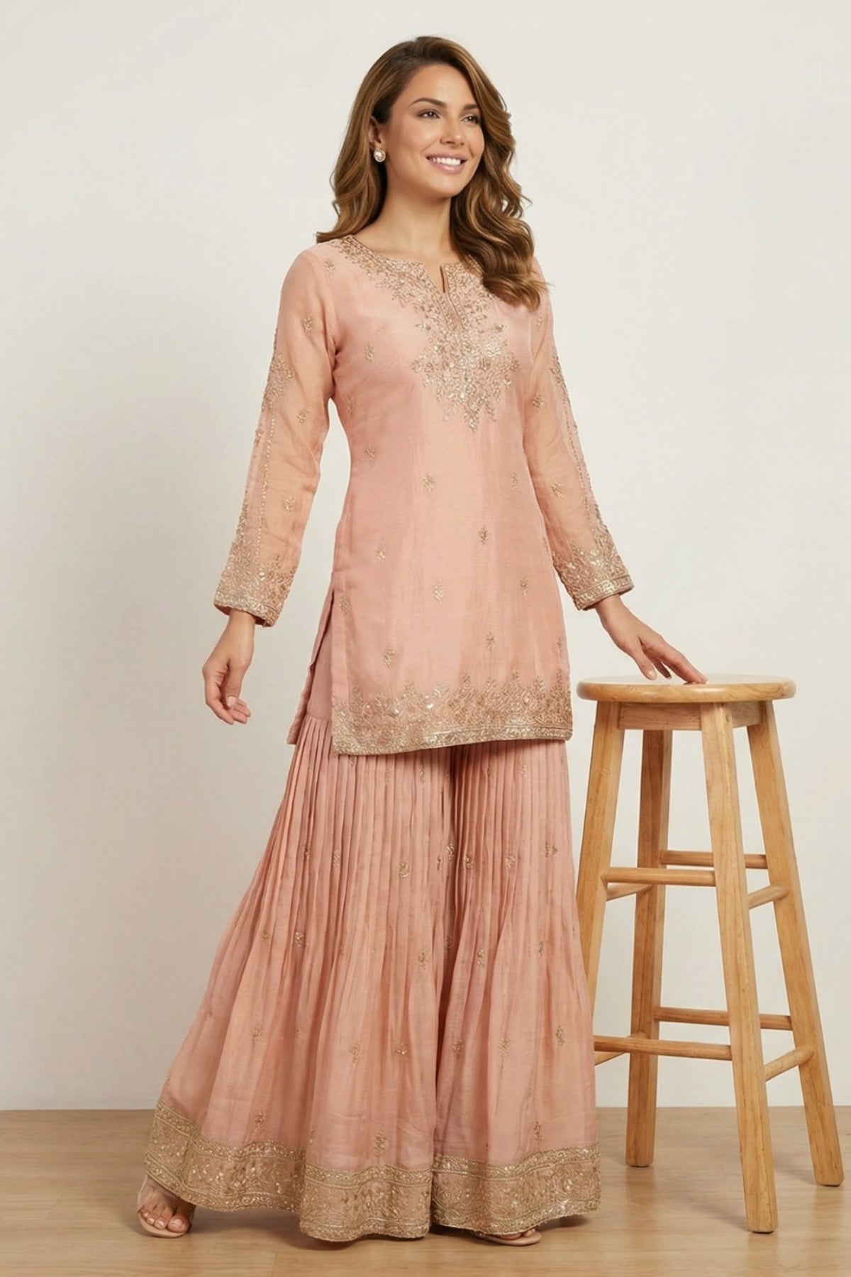 Pink Sheen Kurti Plazo Set