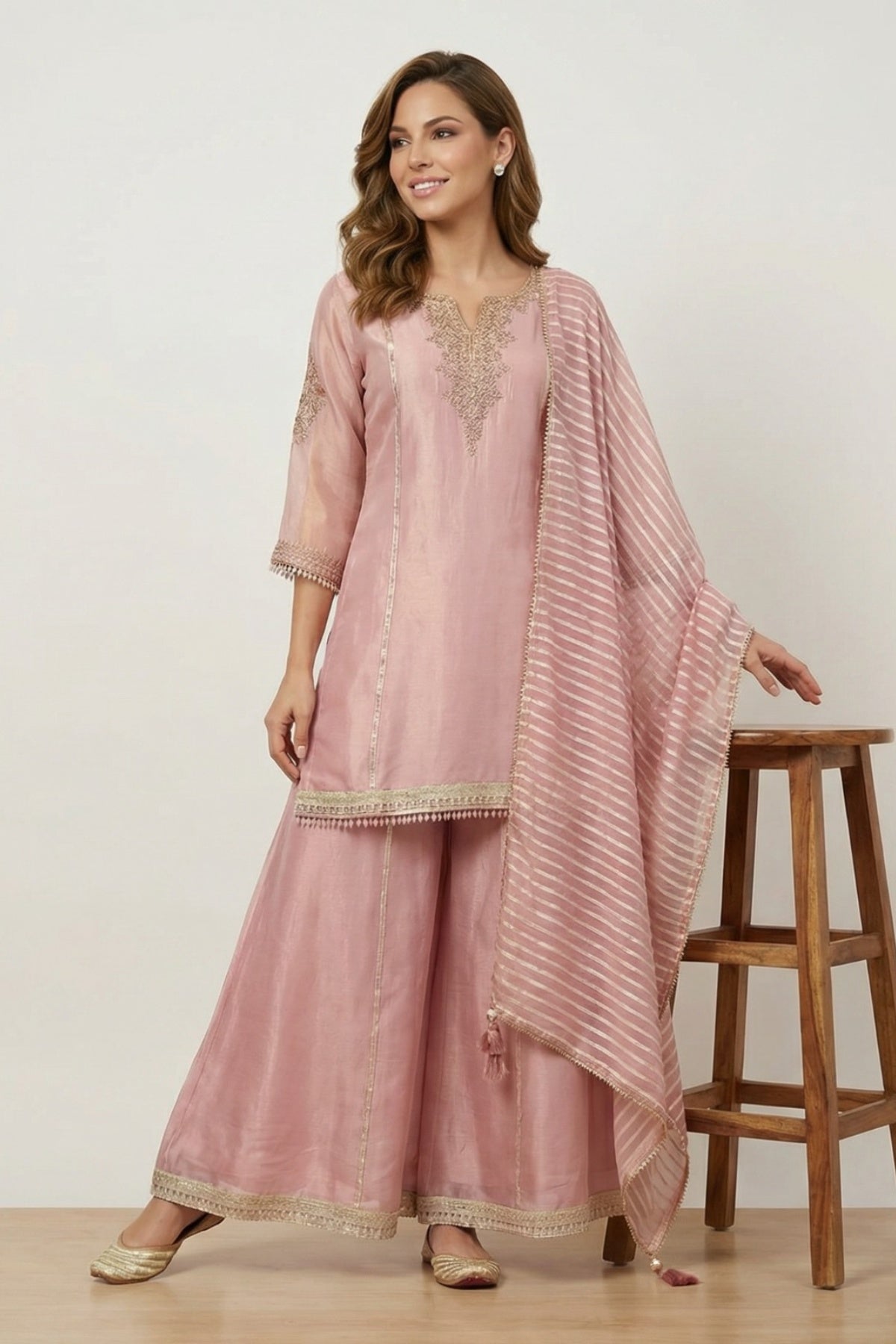 Pink Sheen Kurti Plazo Set